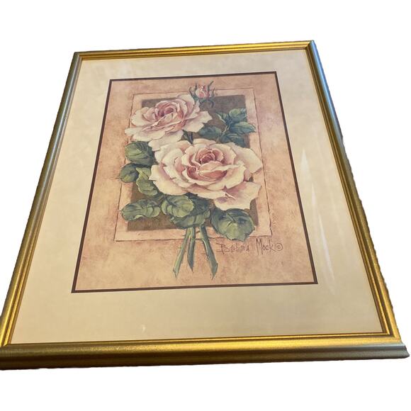 Barbara Mock Framed Print. Pink And White Framed Roses. Floral. Vintage (?) - Picture 2 of 9